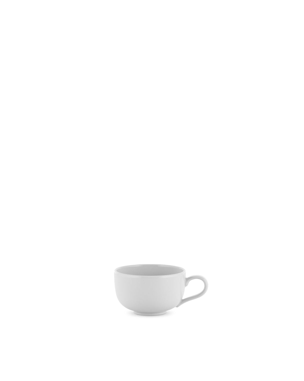 White cup by Alessi, with a handle, shown from a slightly elevated side view.