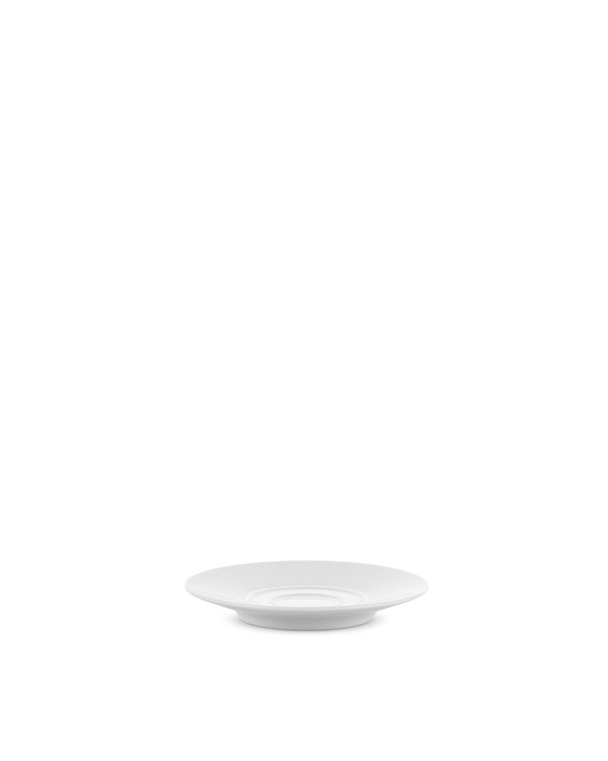 White saucer by Alessi, featuring a smooth, circular design with a central indentation.