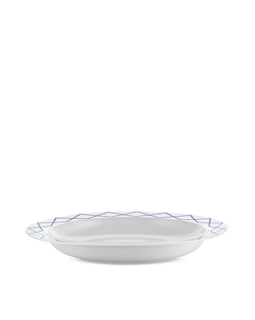White serving plate by Alessi with a blue geometric patterned rim.