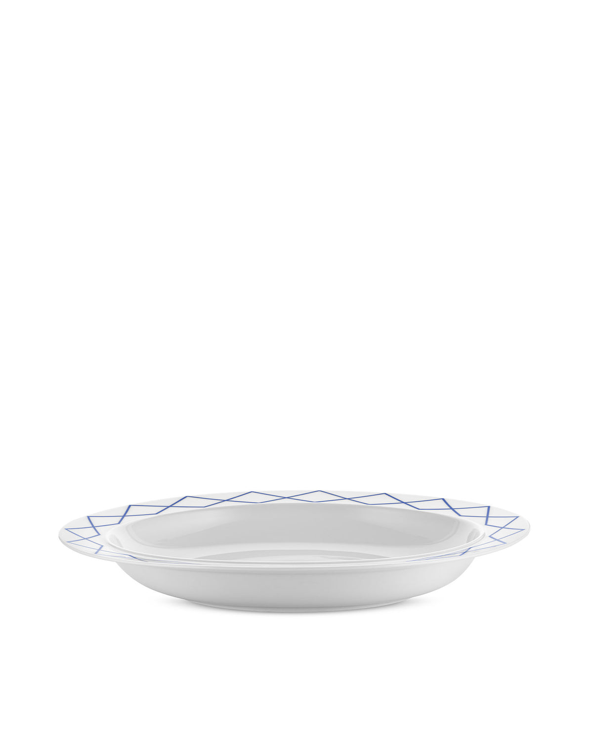 White serving plate by Alessi with a blue geometric patterned rim.