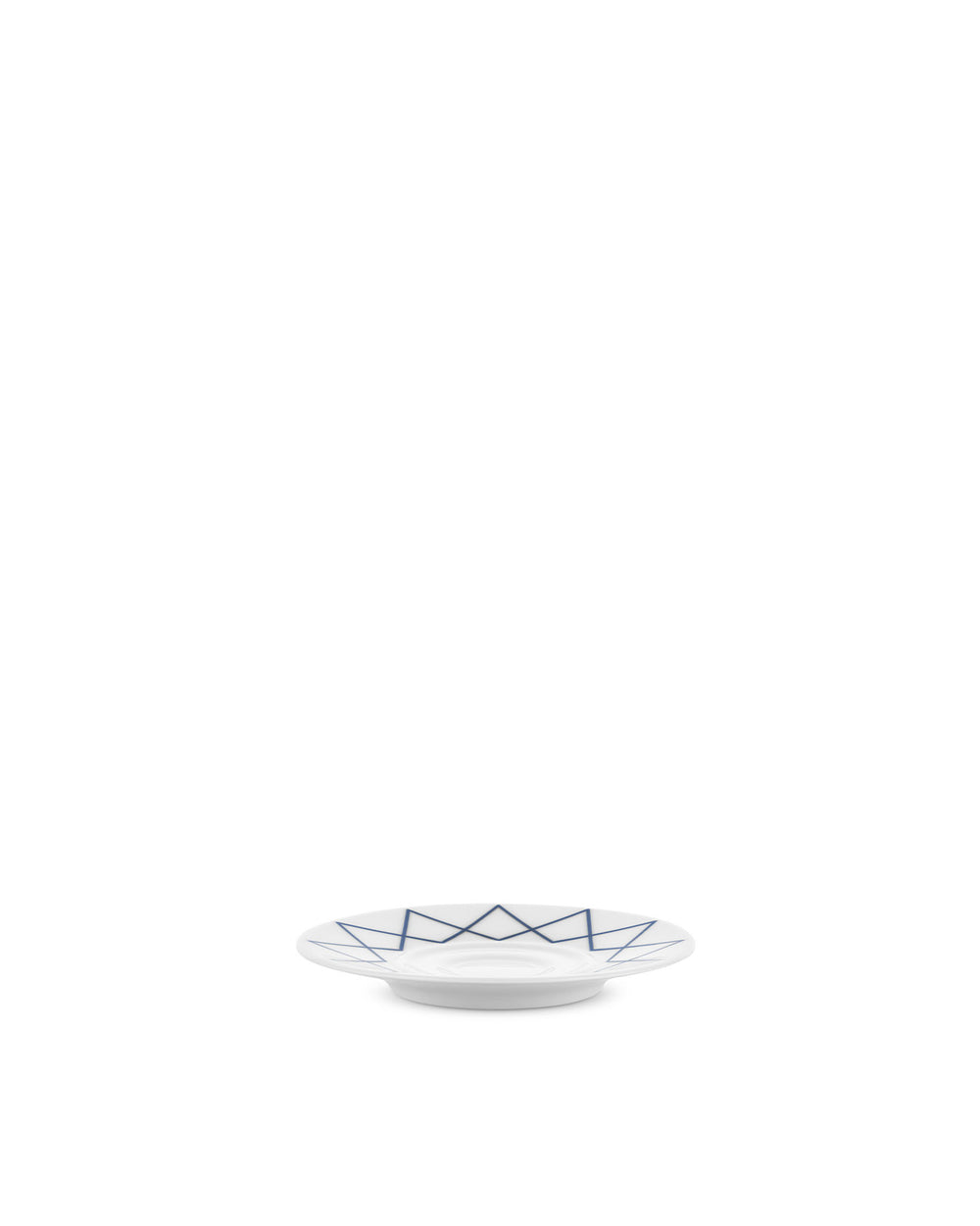 White ceramic saucer by Alessi, decorated with a blue geometric zigzag pattern.