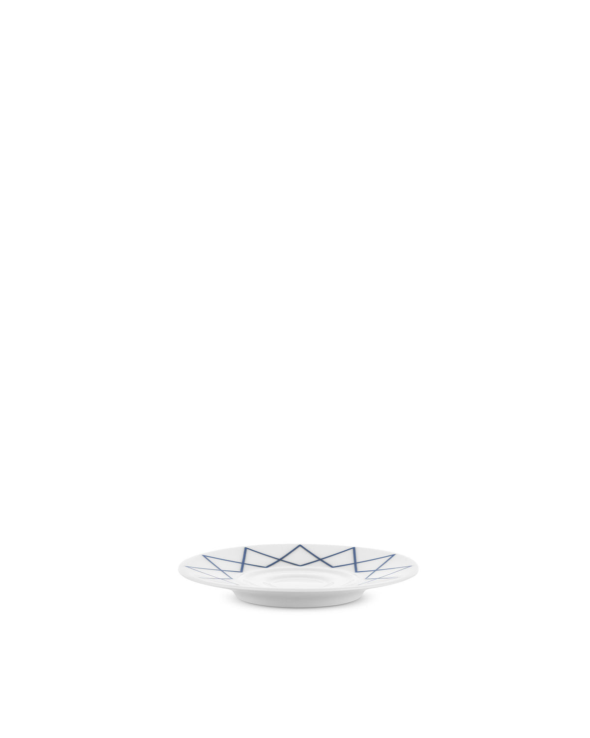 White ceramic saucer by Alessi, decorated with a blue geometric zigzag pattern.
