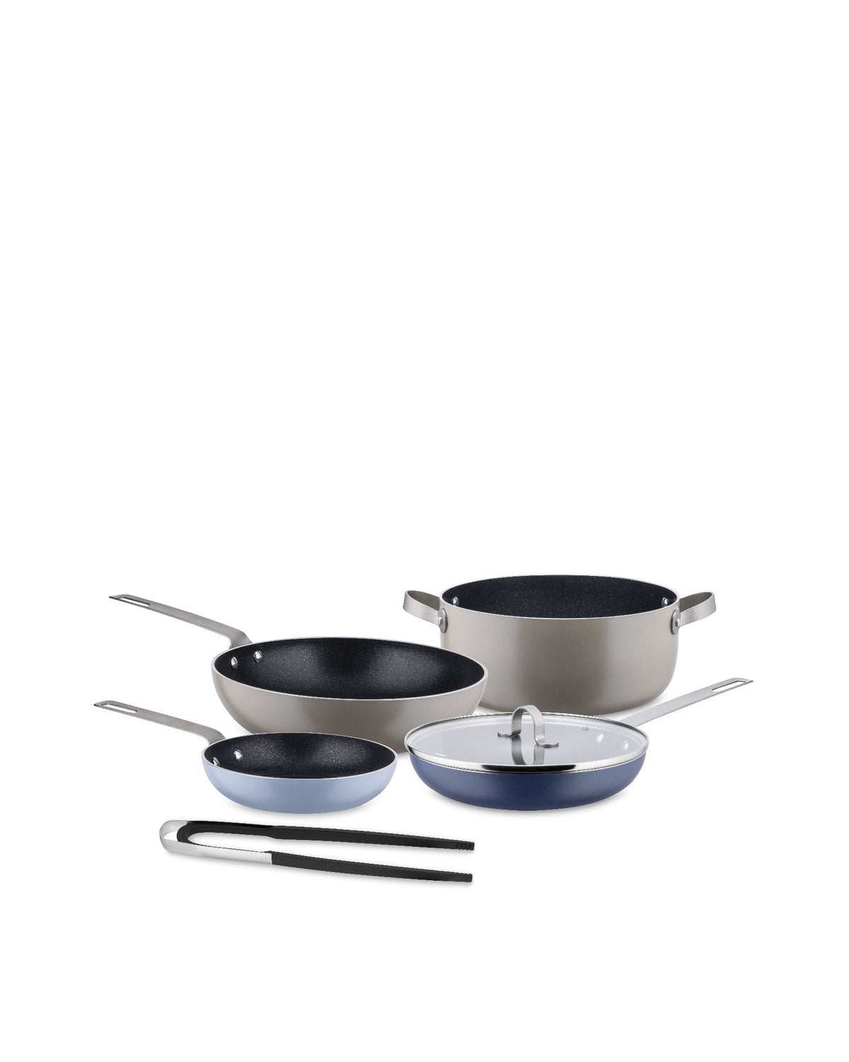 A colorful set of nonstick pots and pans by Alessi, including a stockpot, three frying pans, a lid, and kitchen tongs.