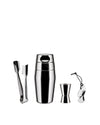 Shiny stainless steel cocktail shaker set by Alessi, with tongs, a jigger, and an abstract metal charm on white.