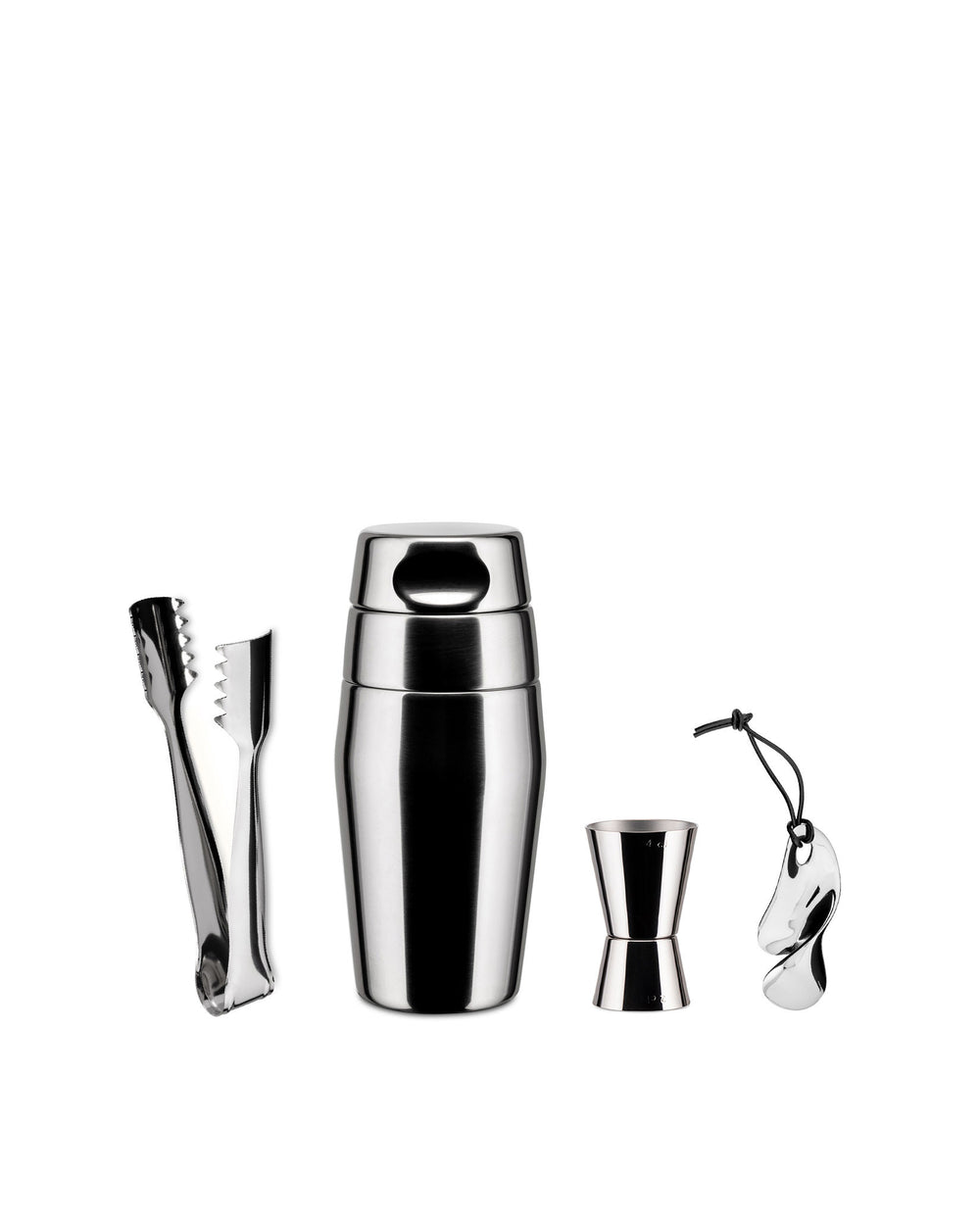 Shiny stainless steel cocktail shaker set by Alessi, with tongs, a jigger, and an abstract metal charm on white.