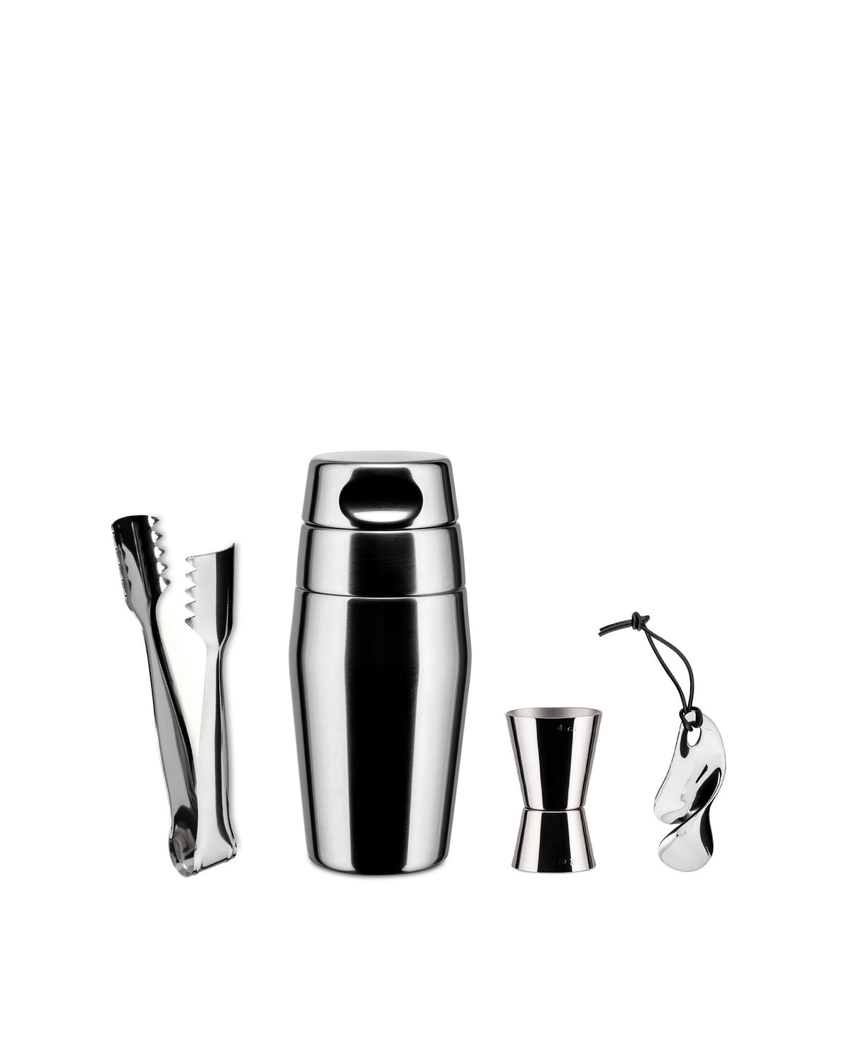 Shiny stainless steel cocktail shaker set by Alessi, with tongs, a jigger, and an abstract metal charm on white.