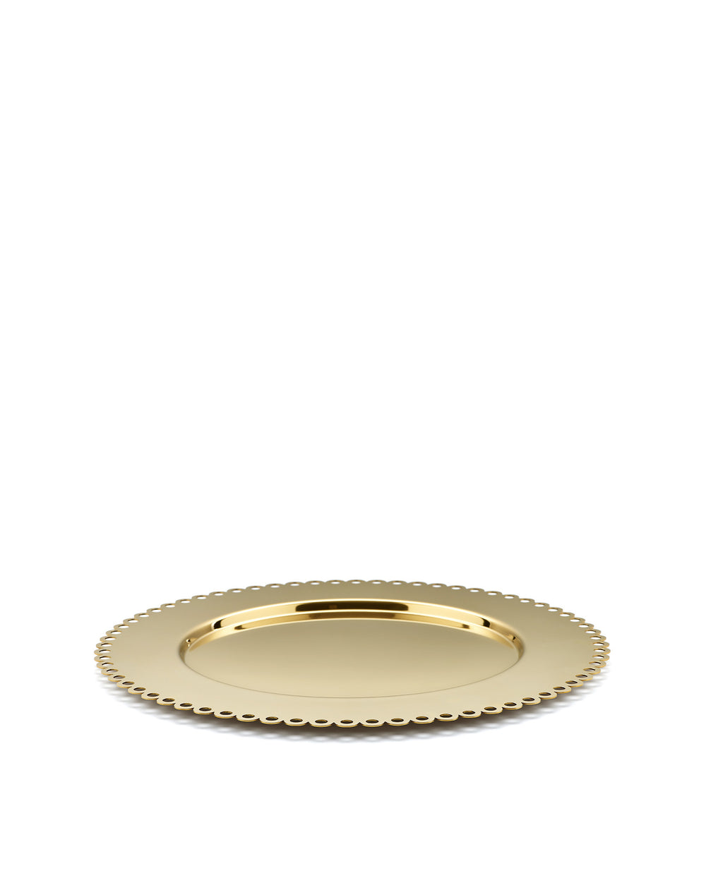 Golden metallic tray with a perforated edge by Alessi, angled on a white background.