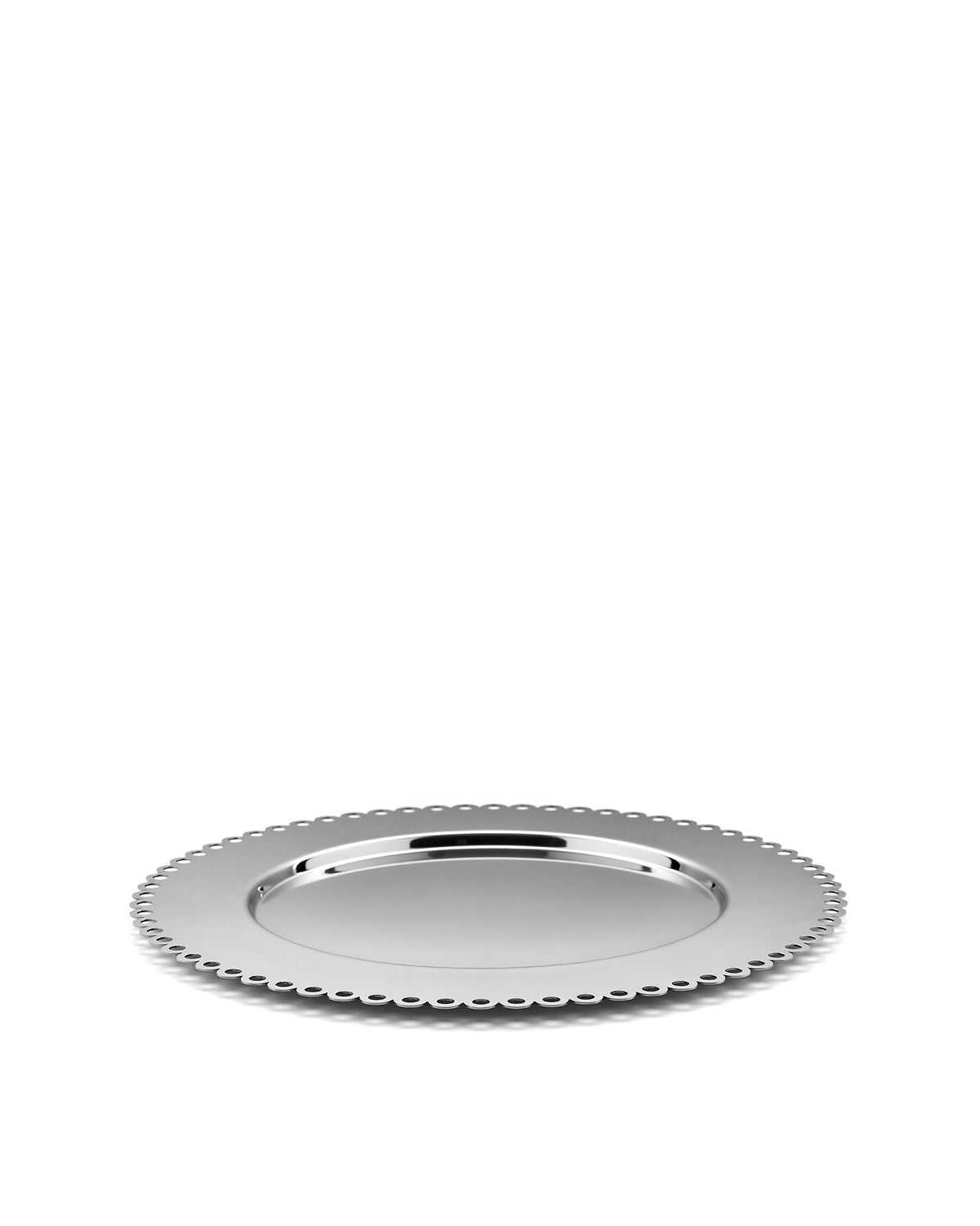 Silver metal tray by Alessi with a decorative scalloped edge, angled view.