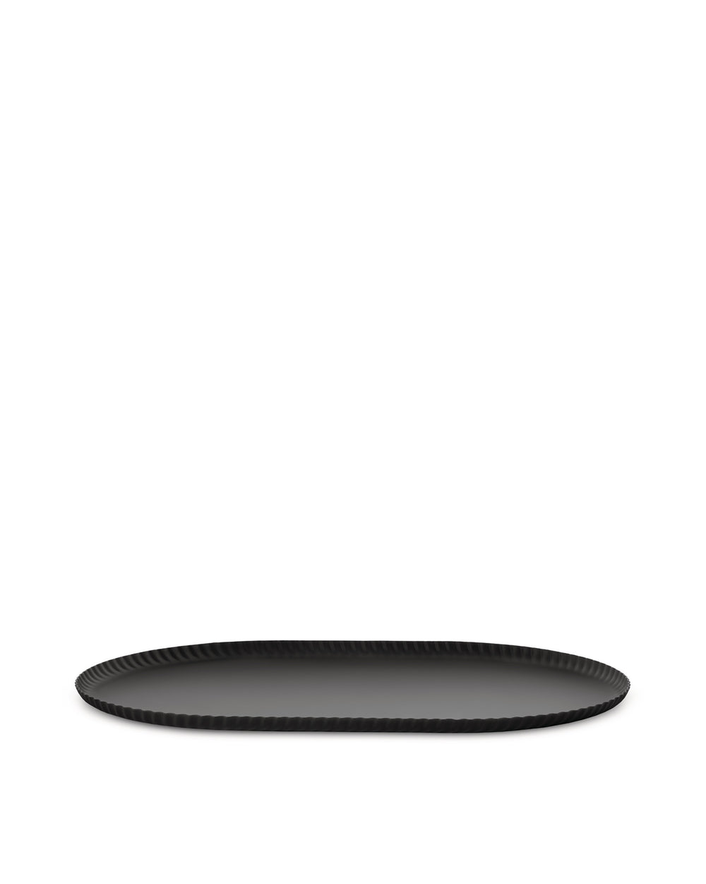 Black oval tray by Alessi featuring a distinct pleated rim.