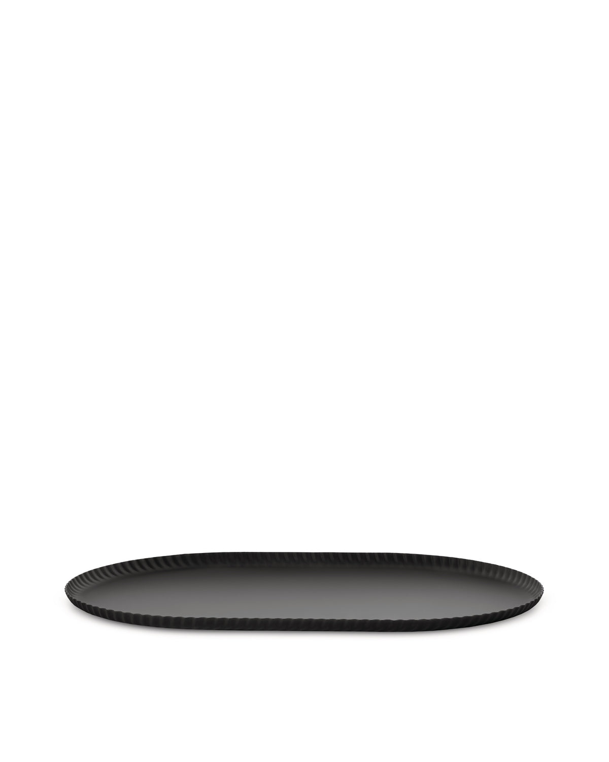 Black oval tray by Alessi featuring a distinct pleated rim.