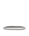 Silver metallic oval tray by Alessi with a distinctive pleated rim, viewed at an angle.