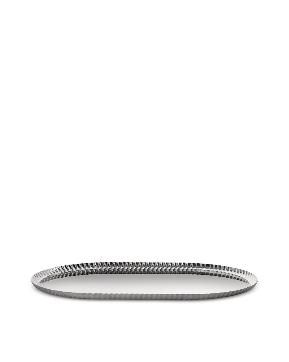 Silver metallic oval tray by Alessi with a distinctive pleated rim, viewed at an angle.