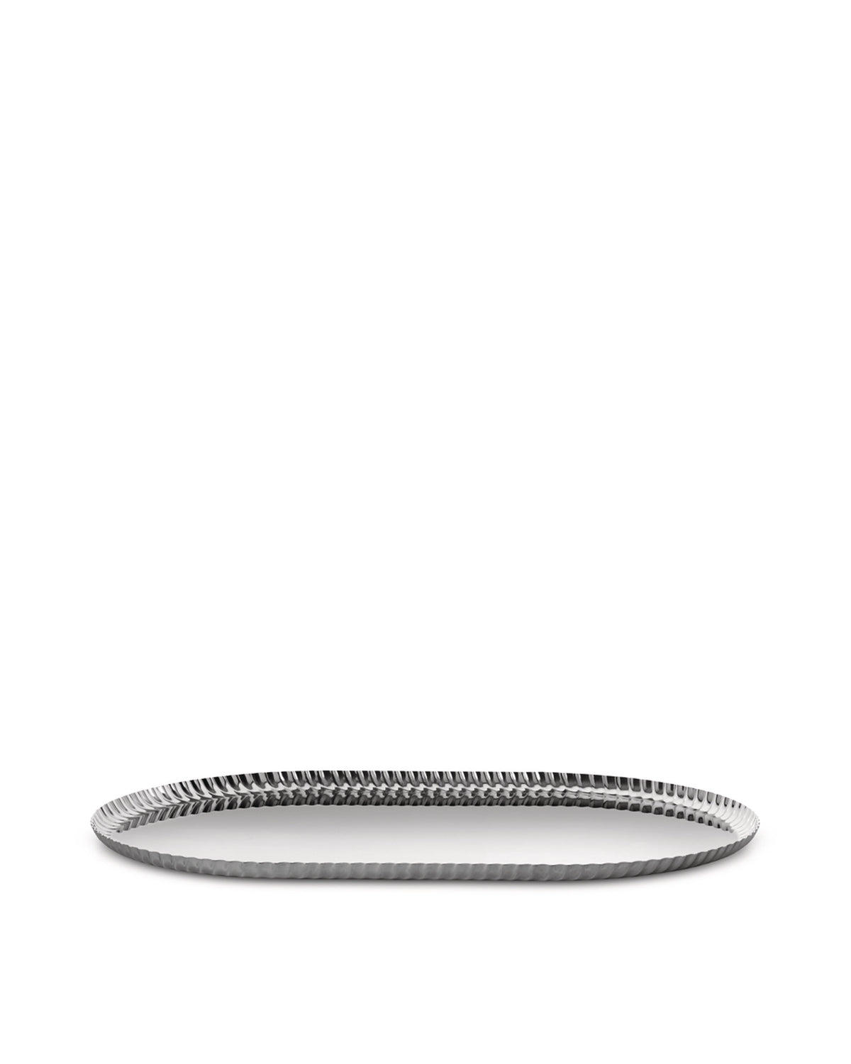 Silver metallic oval tray by Alessi with a distinctive pleated rim, viewed at an angle.