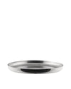 Silver metal tray by Alessi with a textured dimpled pattern, angled view.