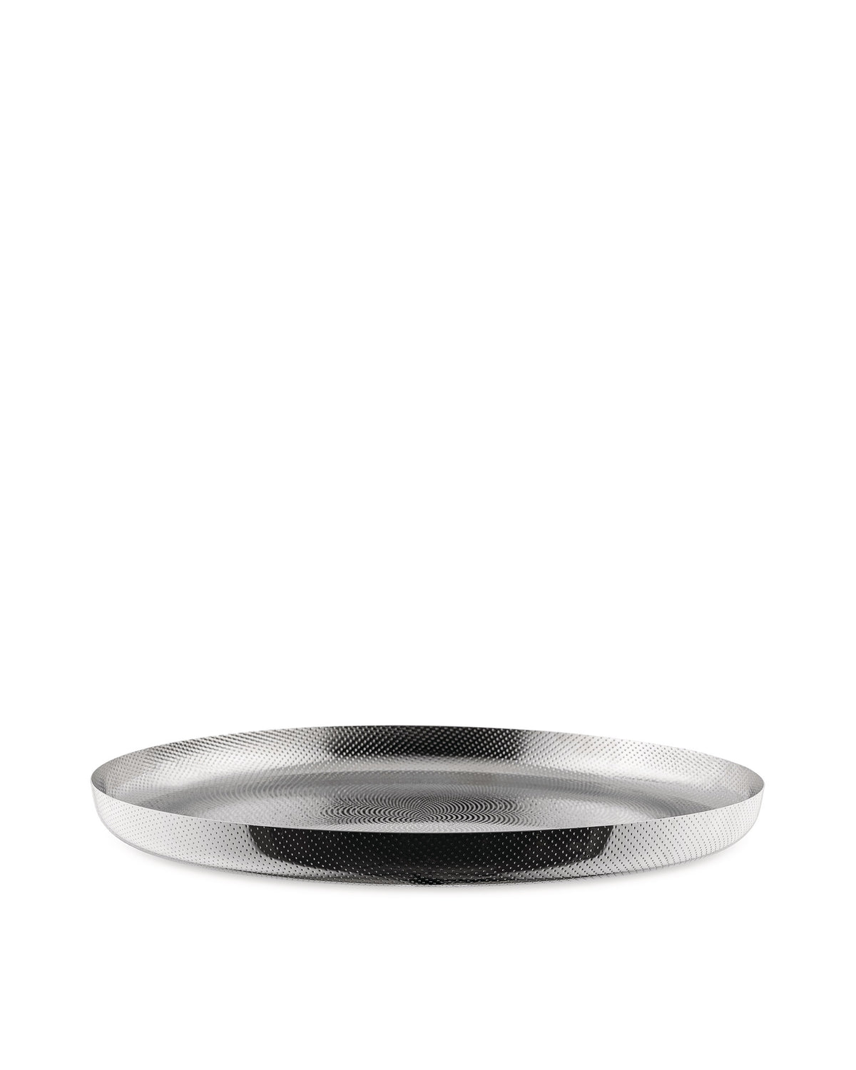 Silver metal tray by Alessi with a textured dimpled pattern, angled view.