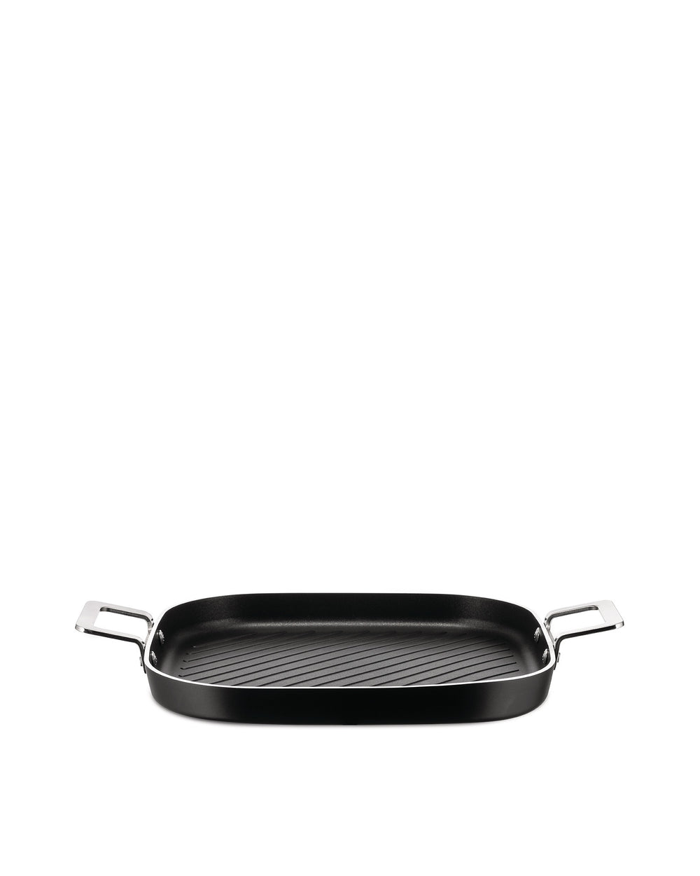 Black oblong grill pan by Alessi with ridged cooking surface and polished stainless steel handles.