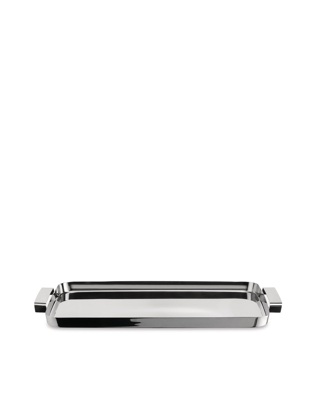 Silver polished metal tray by Alessi, with a rectangular design and integrated handles.