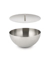 Brushed stainless steel bowl with lid by Alessi, featuring a slender handle, shown with the lid floating above.
