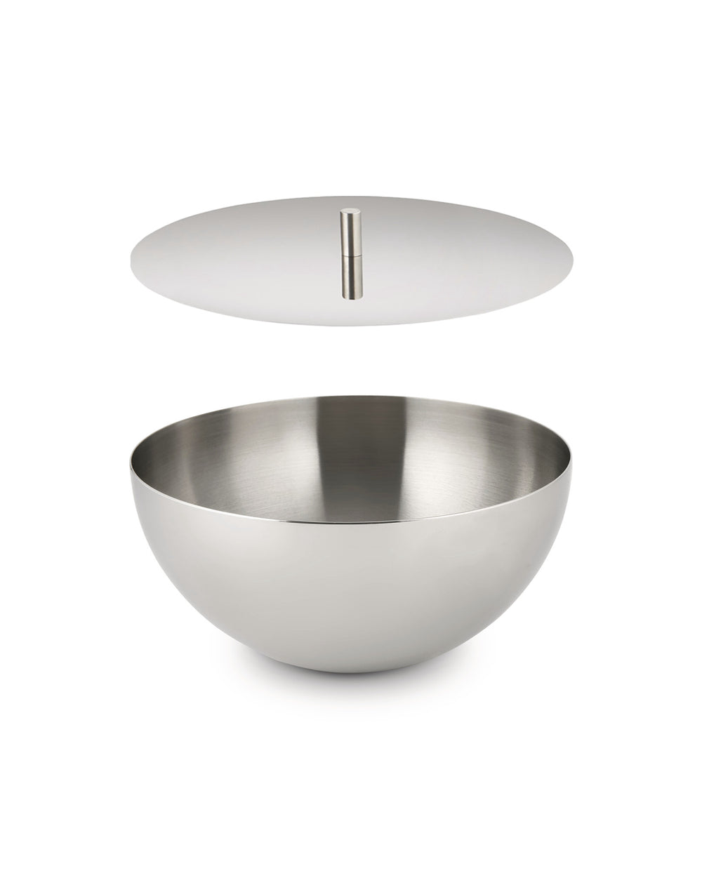 Brushed stainless steel bowl with lid by Alessi, featuring a slender handle, shown with the lid floating above.