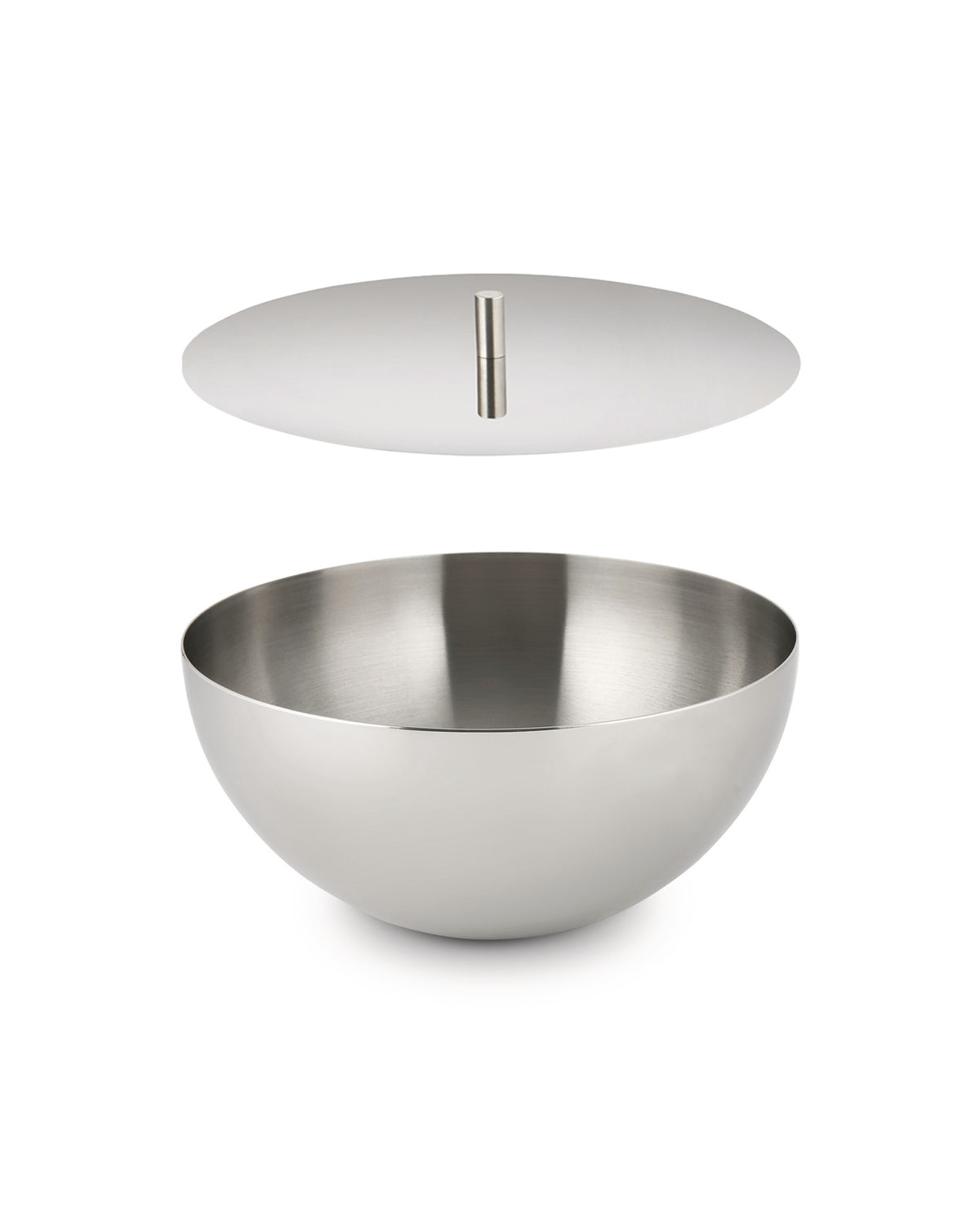 Brushed stainless steel bowl with lid by Alessi, featuring a slender handle, shown with the lid floating above.