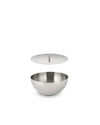 Brushed stainless steel container by Alessi, a round bowl with a detached lid and cylindrical handle.