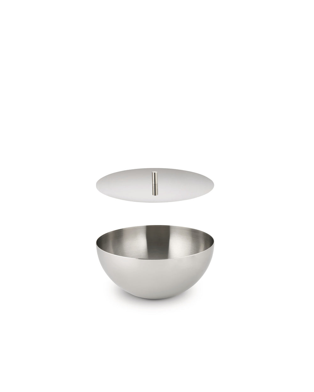 Brushed stainless steel container by Alessi, a round bowl with a detached lid and cylindrical handle.