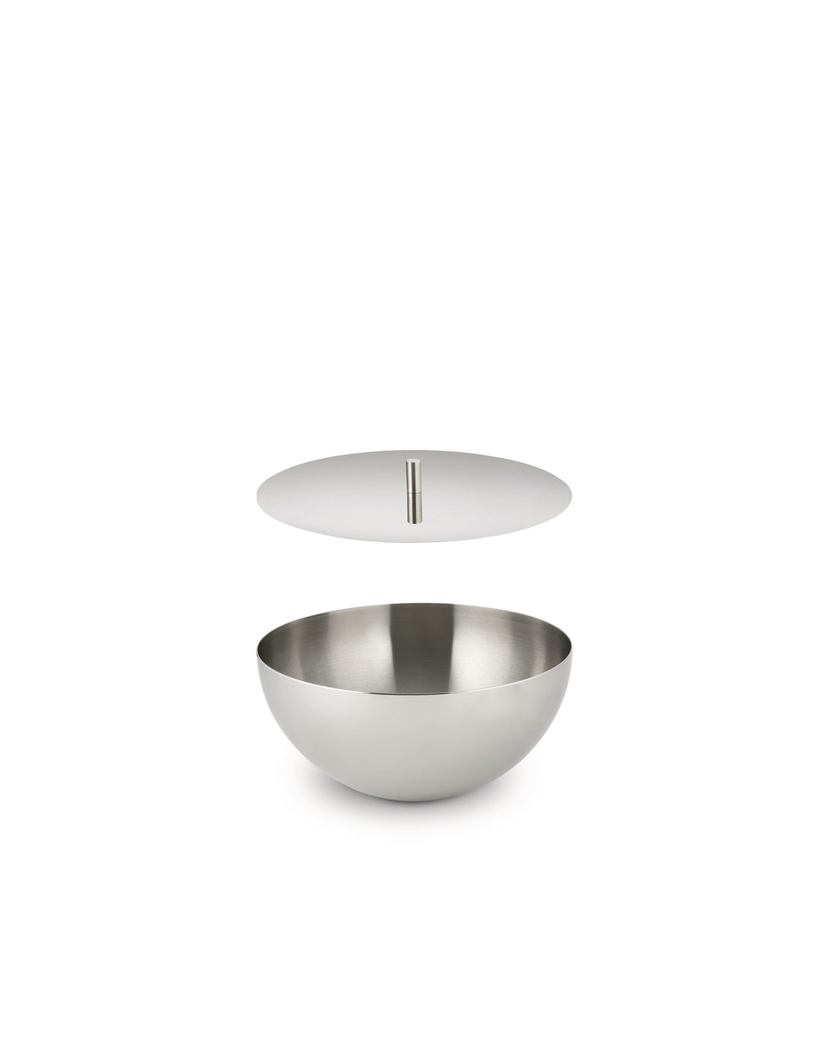 Brushed stainless steel container by Alessi, a round bowl with a detached lid and cylindrical handle.