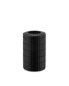Black cylindrical capsule holder by Alessi with vertical plissé texture and stacked segments.
