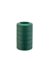 Dark green cylindrical capsule holder by Alessi, with pleated, stacked segments and an open top.