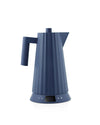 Blue electric kettle by Alessi with a vertical ribbed texture, rectangular handle, pointed spout, and digital display.