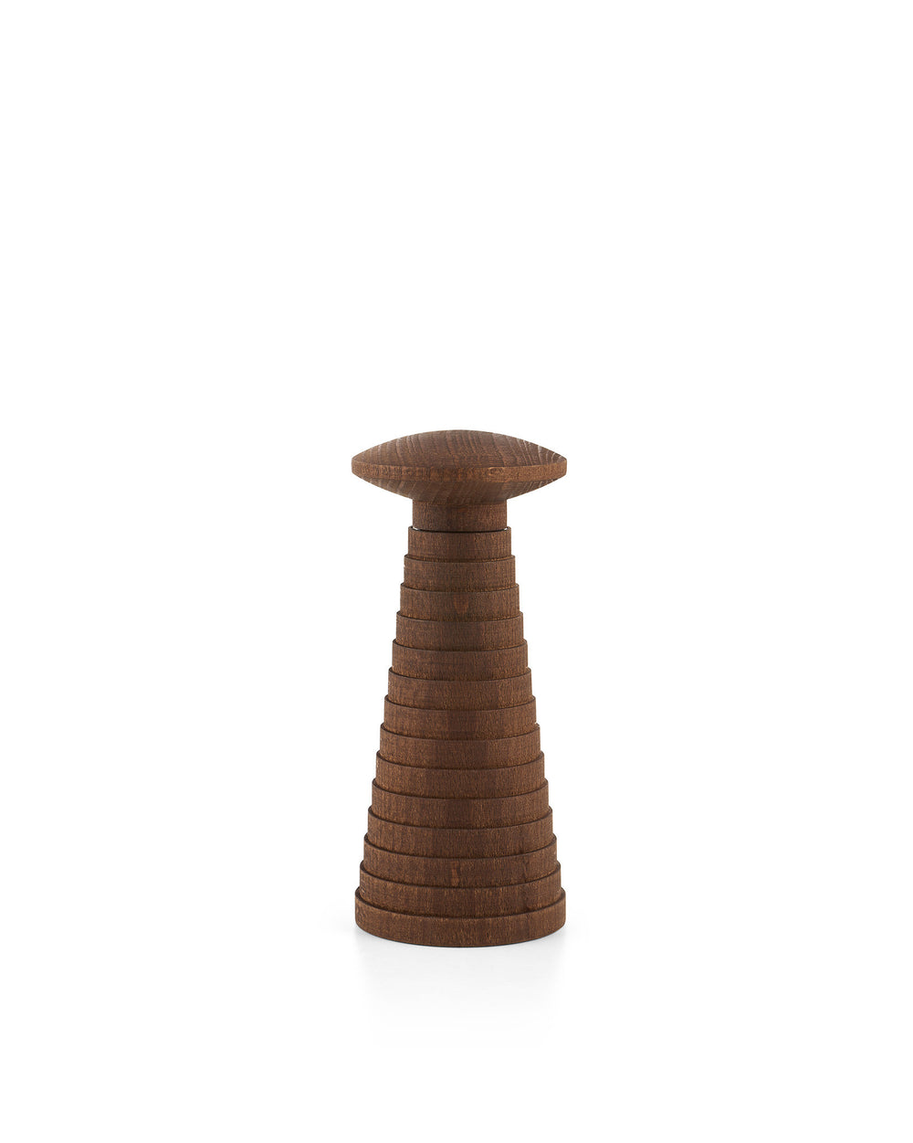 Dark brown wooden salt, pepper, or spice grinder by Alessi, featuring a stacked ring design and a flat oval top.