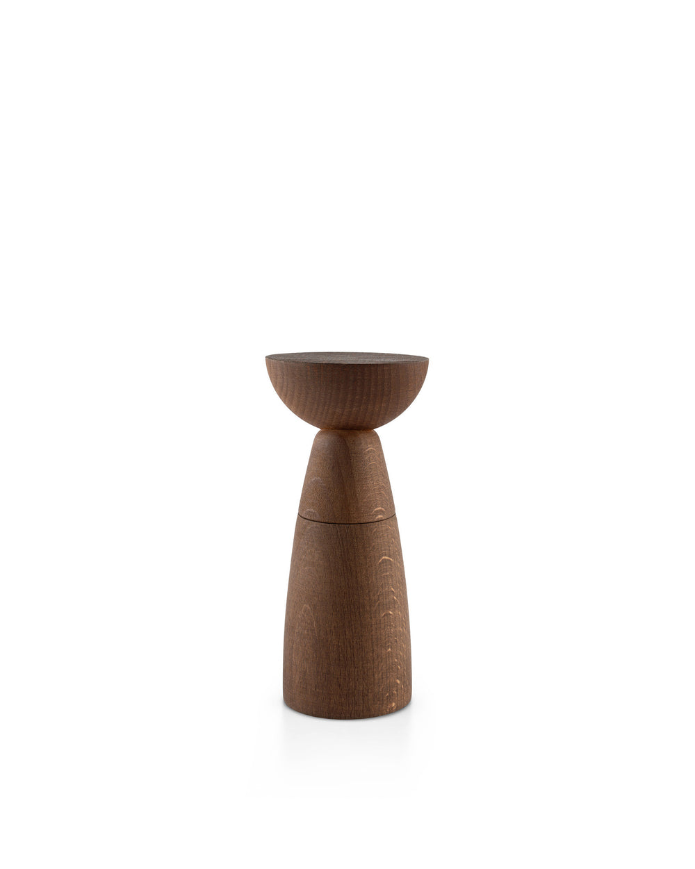 Dark brown wooden salt and pepper grinder by Alessi, with a unique two-part sculptural design.
