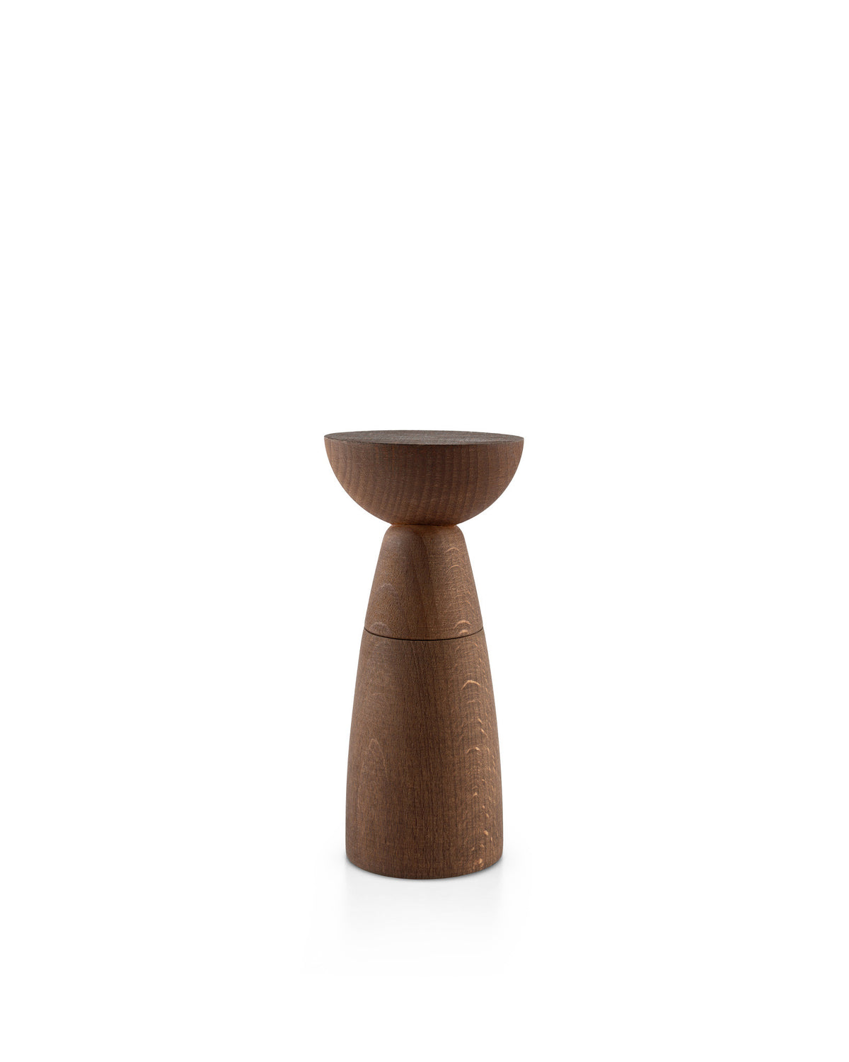 Dark brown wooden salt and pepper grinder by Alessi, with a unique two-part sculptural design.