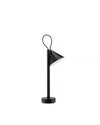 Black Tsumiki lamp by Alessi with a conical shade, white interior, slender stand, and looped cord.