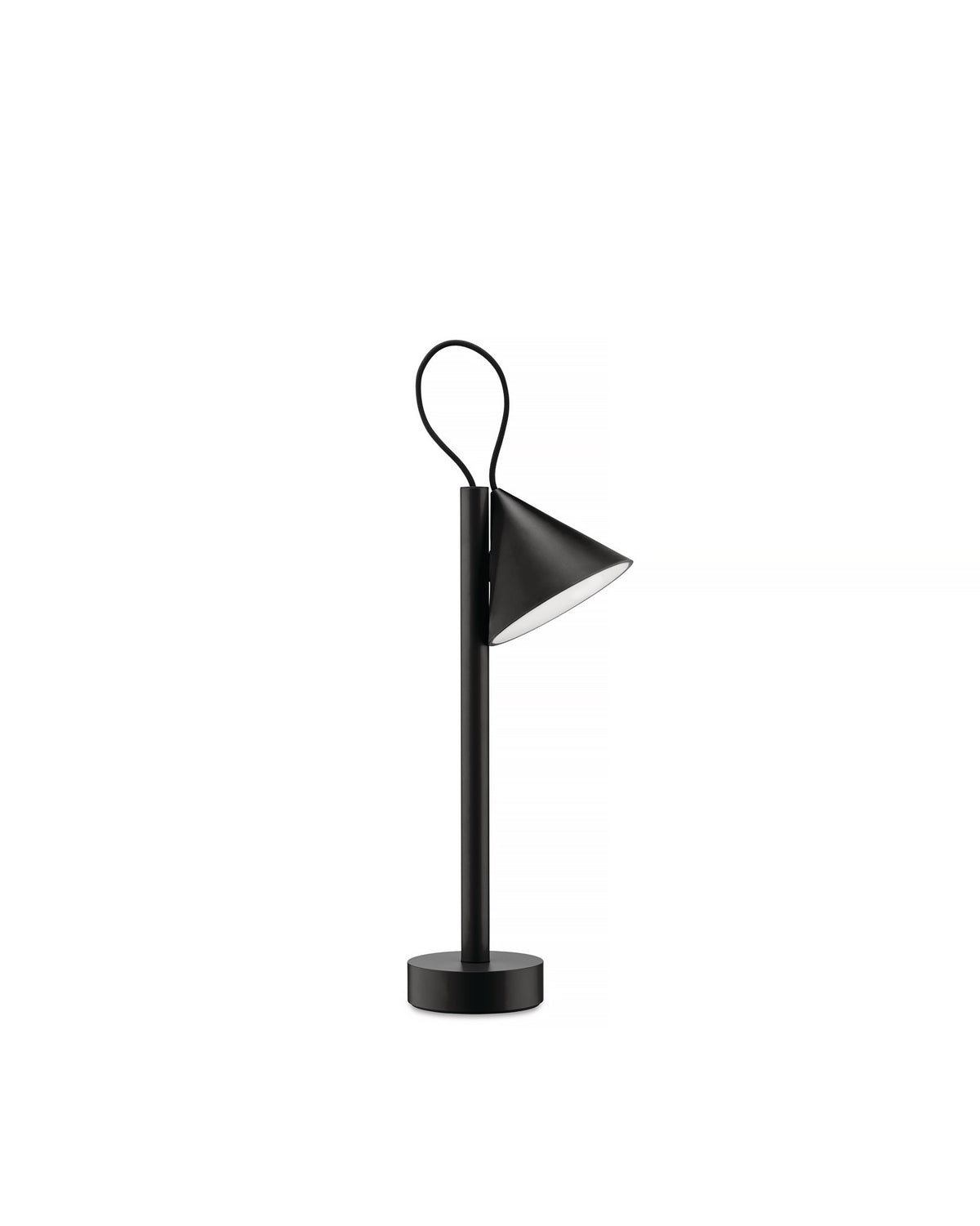 Black Tsumiki lamp by Alessi with a conical shade, white interior, slender stand, and looped cord.