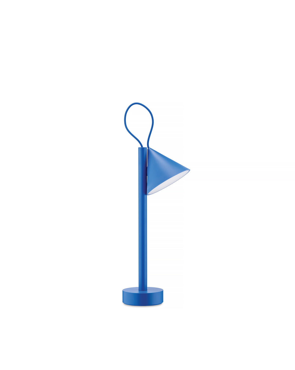 Blue portable table lamp by Alessi with a conical shade and a top loop handle.