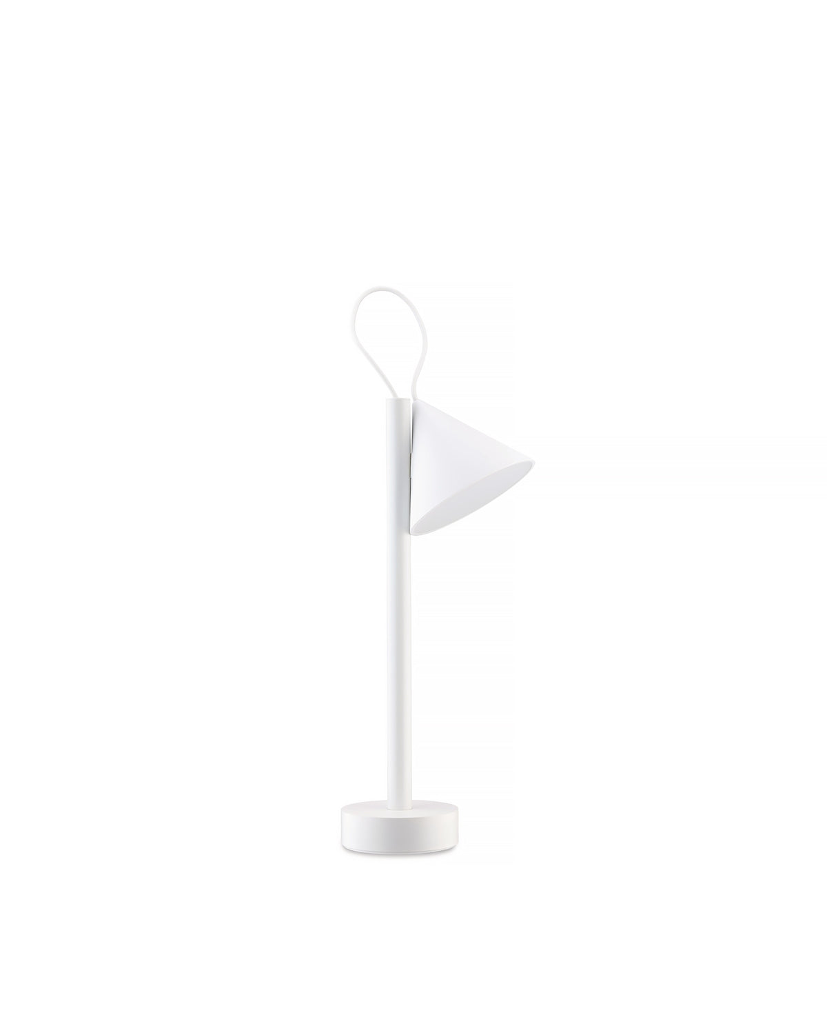 White Tsumiki lamp by Alessi with a cylindrical stand, angled conical shade, and top loop handle.