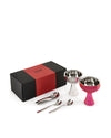 Ice cream gift set by Alessi featuring two modern bowls, three sleek spoons, and a black and red presentation box.