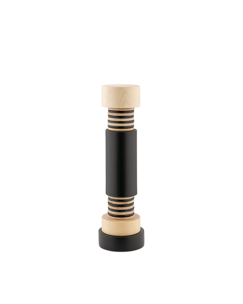 A vertical wooden and black spice grinder by Alessi with threaded light wood sections and a smooth black middle.