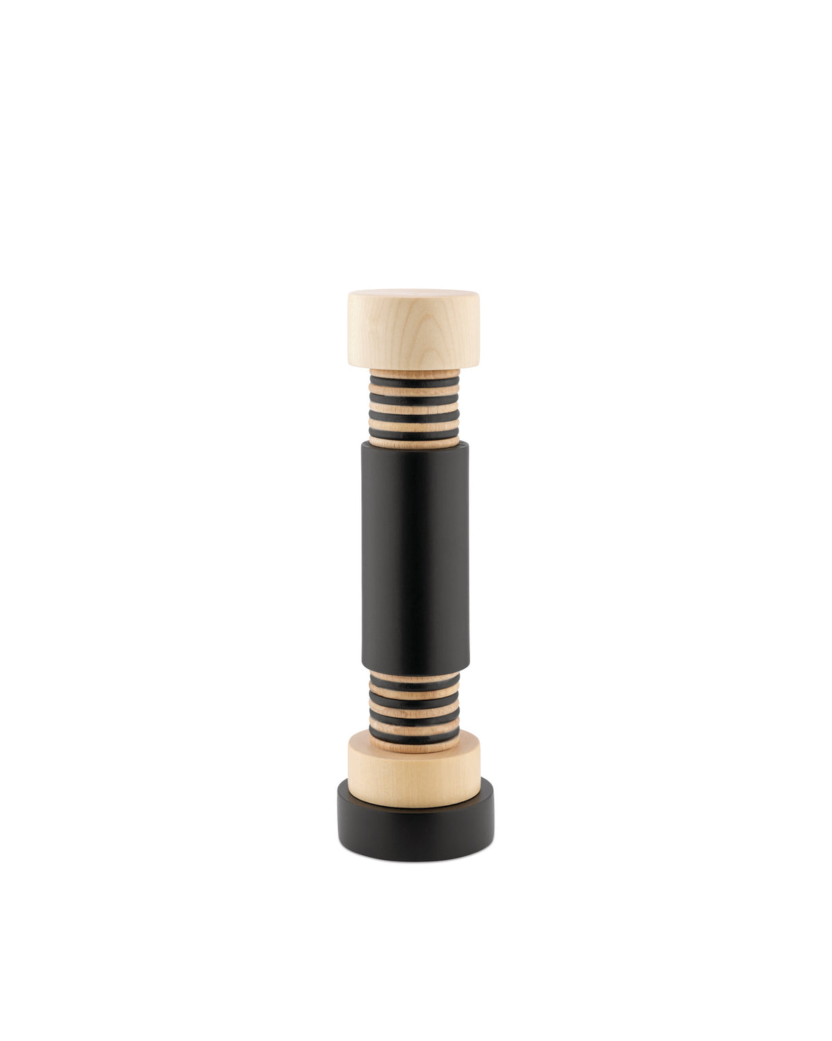 A vertical wooden and black spice grinder by Alessi with threaded light wood sections and a smooth black middle.