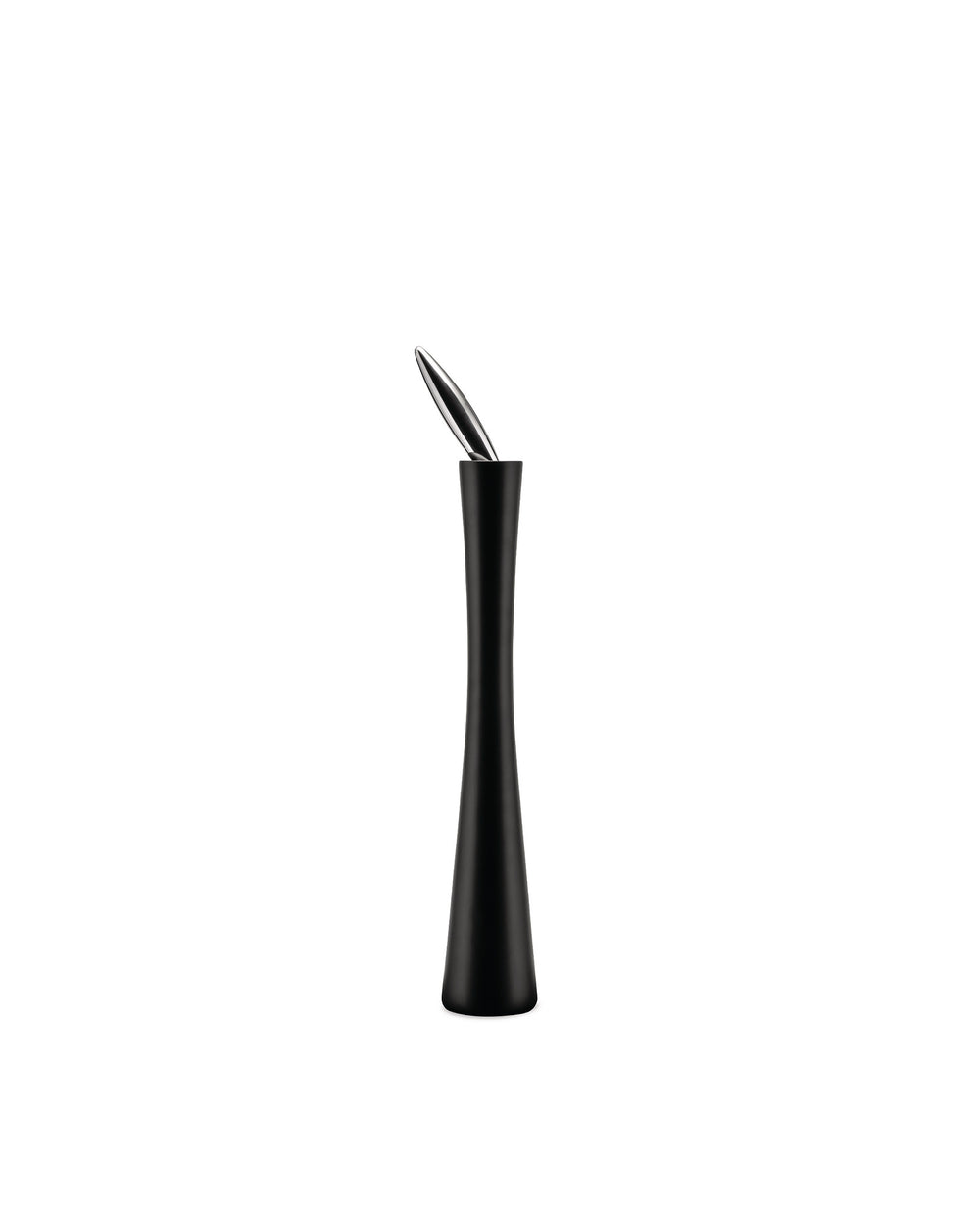 Black salt, pepper, and spice grinder by Alessi with a sleek hourglass shape and polished silver top.