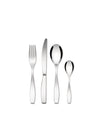 Sleek four-piece reflective silver flatware set by Alessi, including a fork, knife, and two spoons, on a white background.