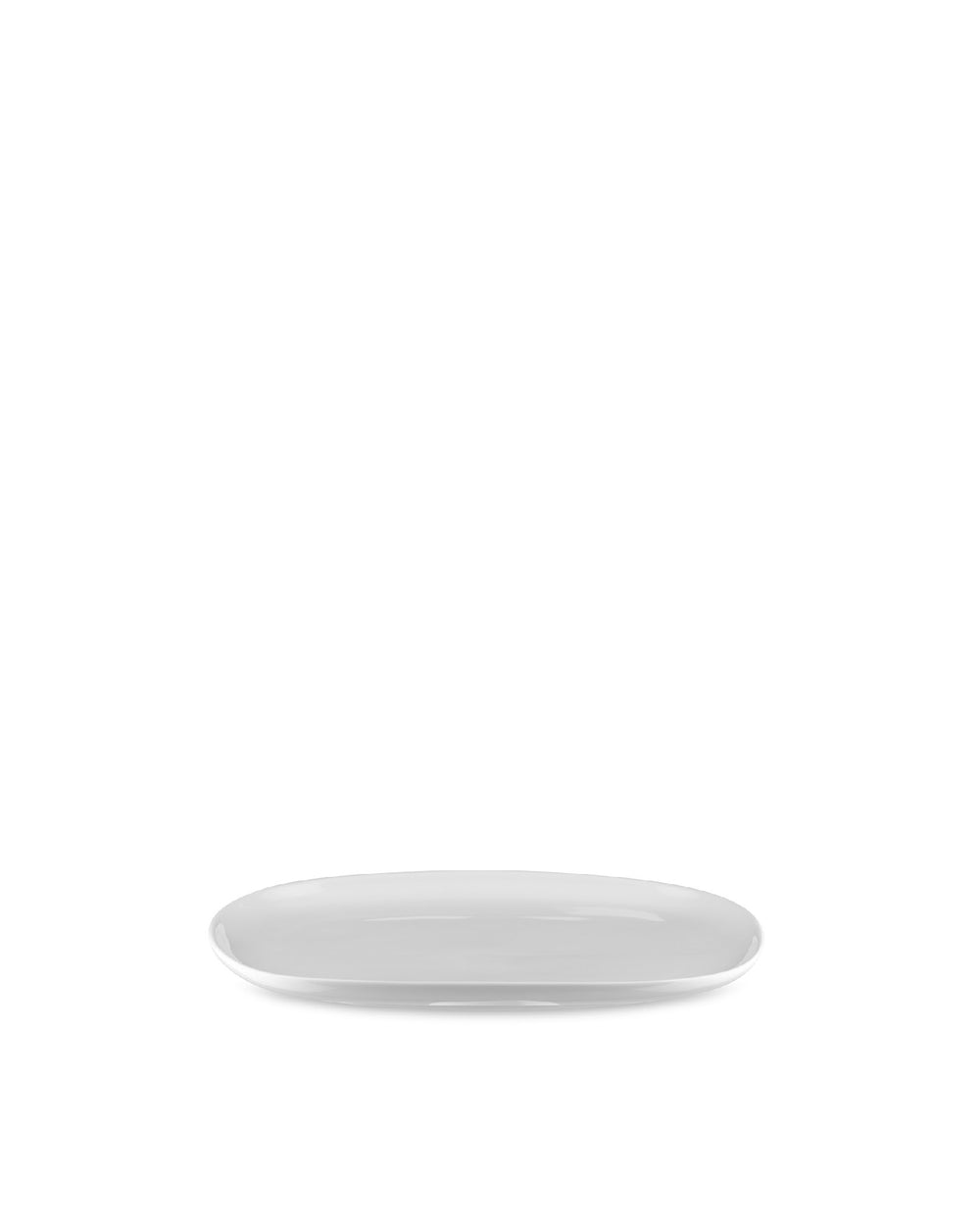 White oval Itsumo serving plate by Alessi, shown from an elevated angle on a white background.