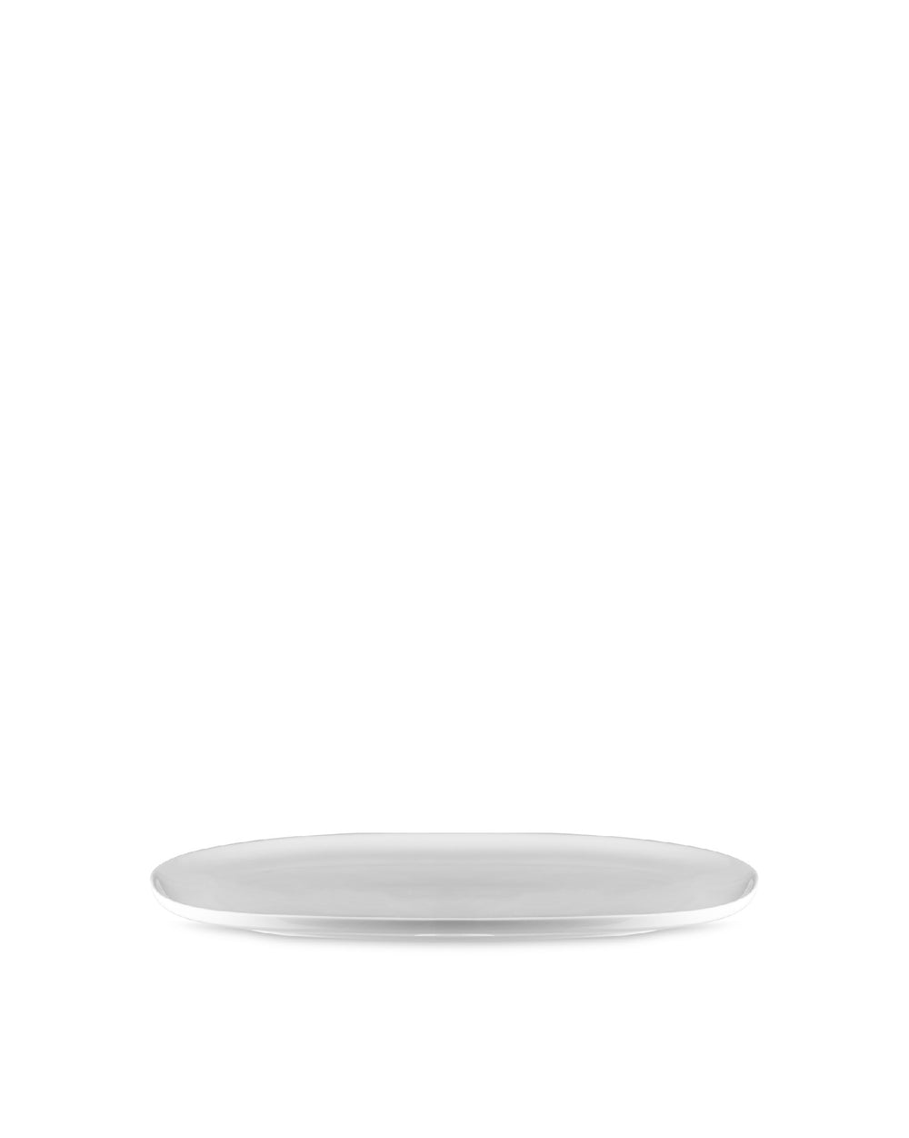 White oval serving plate by Alessi, resting on a white surface at a slight angle.