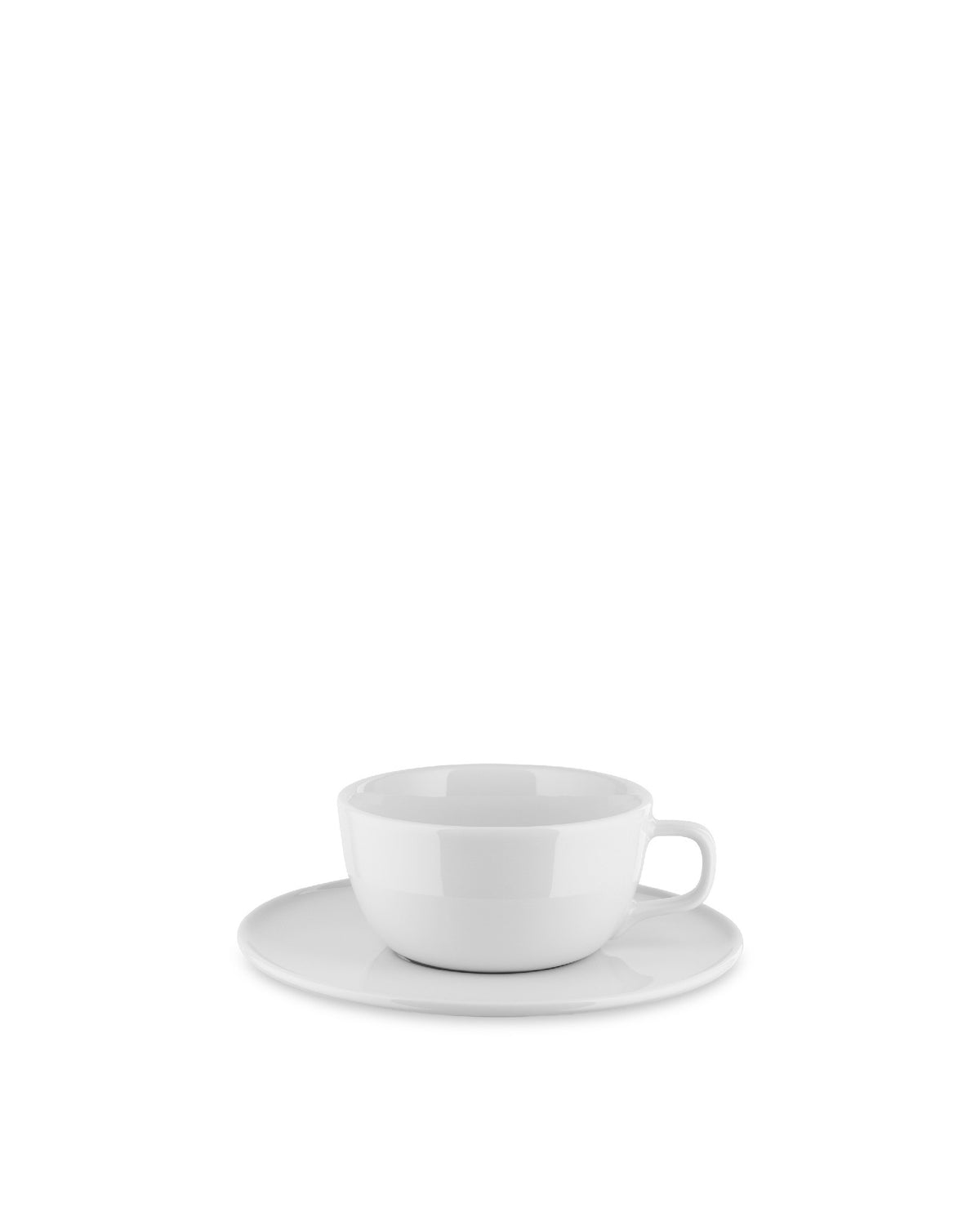 White ceramic teacup and saucer by Alessi, with a simple, clean design.