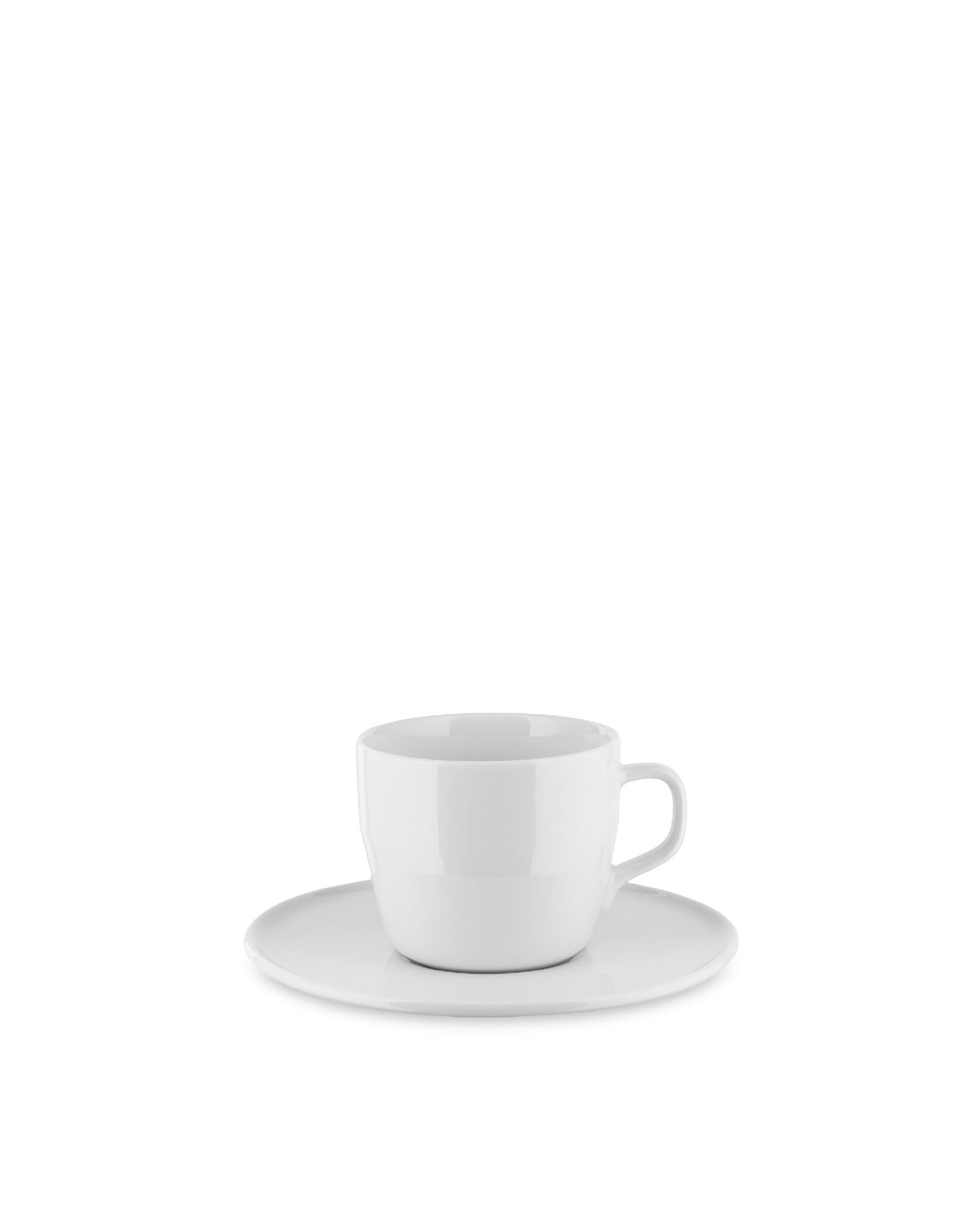 White ceramic tea and coffee cup and saucer by Alessi, featuring a plain, glossy finish.