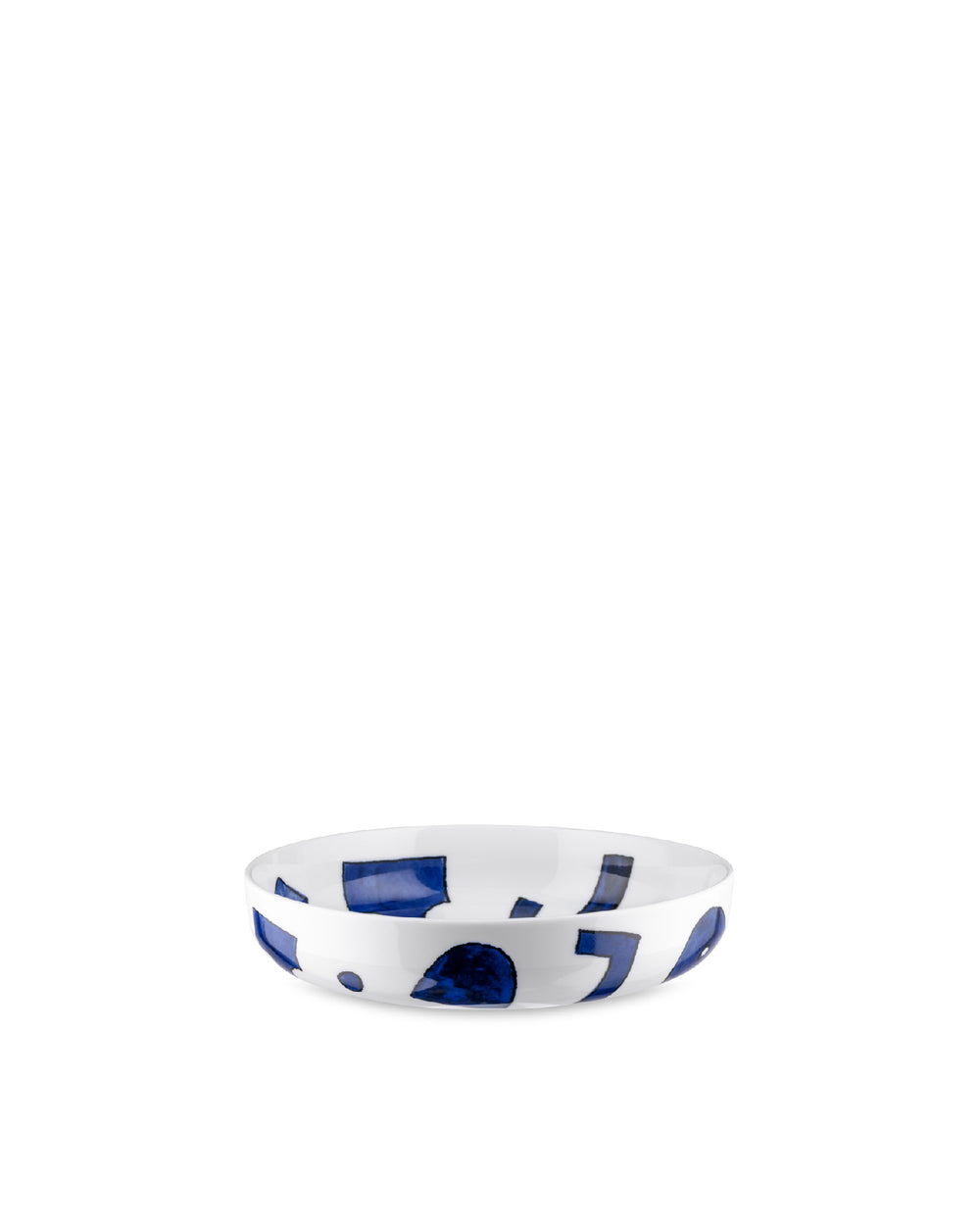 White ceramic bowl with blue abstract shapes by Alessi, shown from a slightly elevated angle.