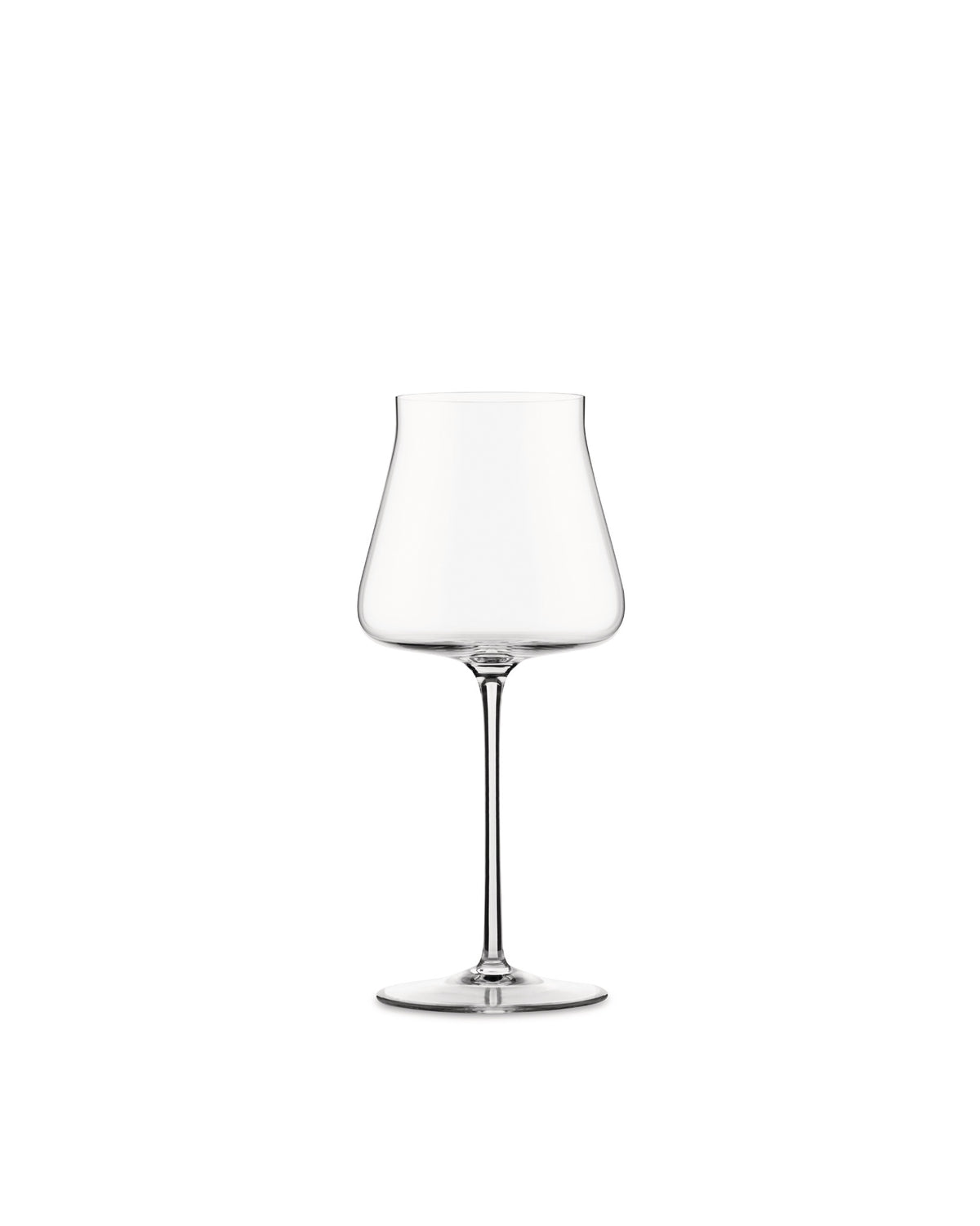 Clear red wine glass by Alessi, with a wide bowl, slender stem, and elegant design.