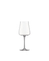 Clear white wine glass by Alessi with a tall stem and a gently curved, empty bowl on a white background.