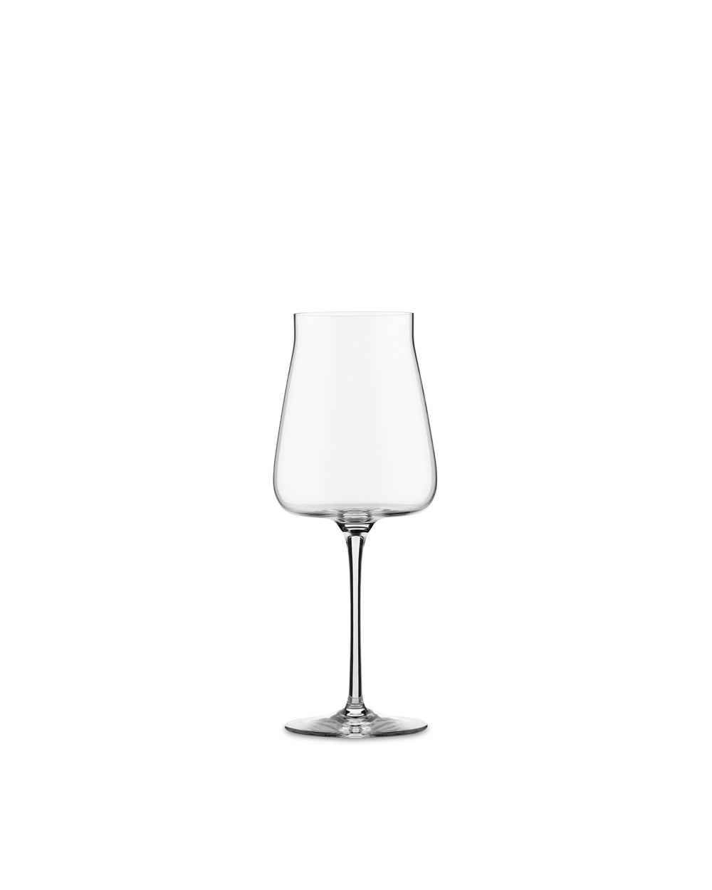 Clear white wine glass by Alessi with a tall stem and a gently curved, empty bowl on a white background.